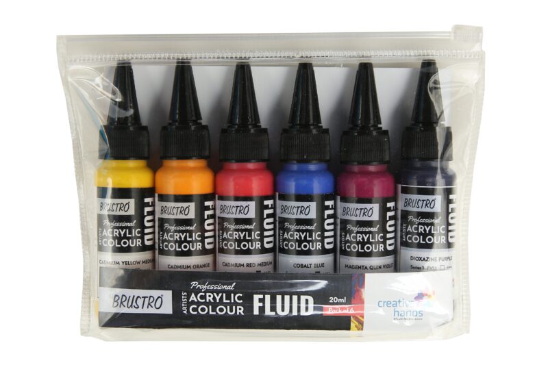 Brustro Professional Artists ’ Fluid Acrylic 20 ml High Chroma Set of 6 (Cad Orange,Cad Yellow Medium,Cad Red Medium,Cobalt Blue,Dioxazine Purple,Magenta Quinh Violet) with Pouring Medium 200 ml - Image 3
