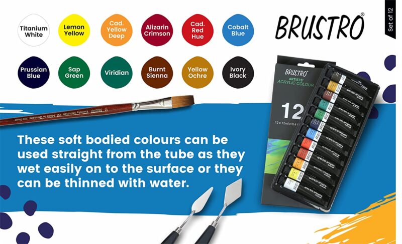 BRUSTRO Artists ’ Acrylic Colour Set of 12 Colours X 12ML Tubes with Gold Taklon Brush Set of 10 and 5 Canvas Boards (4x6, 6x8, 8x10, 10x12, 10x14) - Image 2