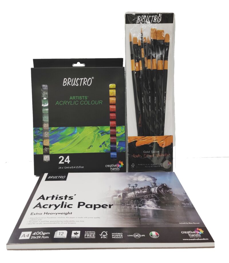 BRUSTRO Artists ’ Acrylic Colour Set of 24 Colours X 12ML Tubes with Glued Pad 400 GSM, A4-12 Sheets and Gold TAKLON Set of 10 Brushes - Image 4