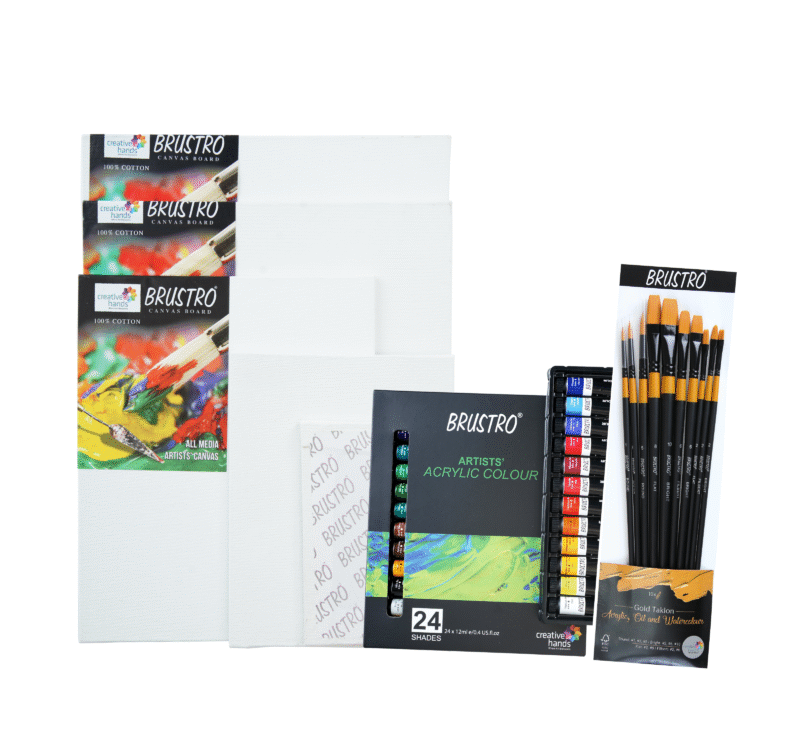 BRUSTRO Artists ’ Acrylic Colour Set of 24 with Gold Taklon Brush Set of 10 and 5 Canvas Boards (4x6, 6x8, 8x10, 10x12, 10x14) - Image 9