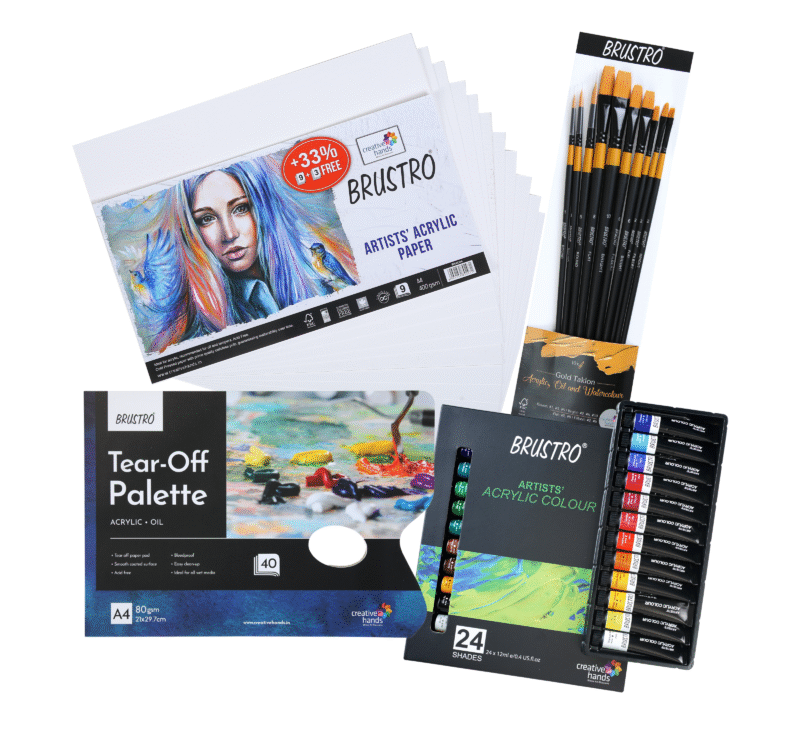 BRUSTRO Artists ’ Acrylic Colour Set of 24 with Gold Taklon Brush Set of 10, Acrylic Paper 400 GSM A4-12 Sheets and an A4 Size Tear Off Paper Palette. - Image 10