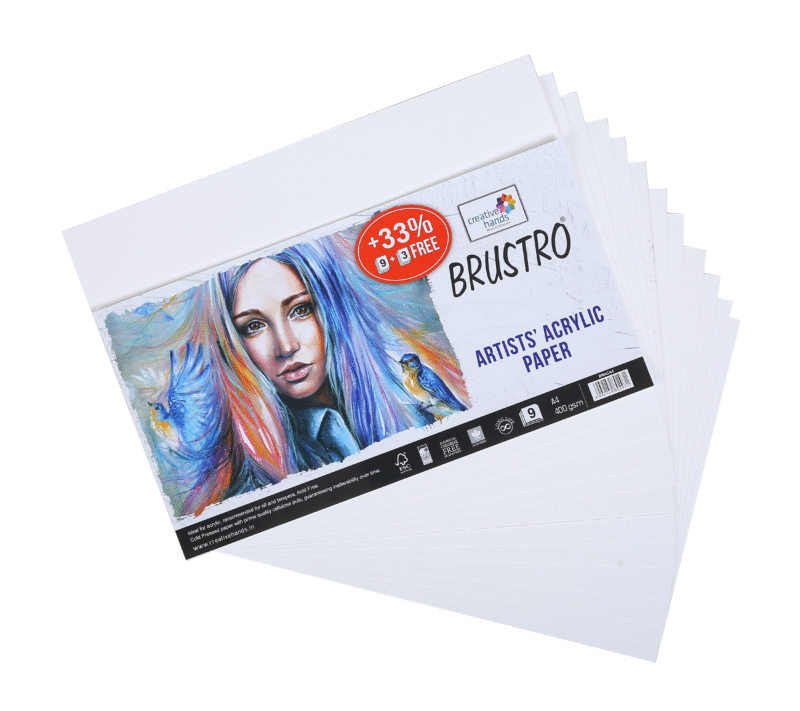 BRUSTRO Artists ’ Acrylic Pastel Colour Set of 12 Colours X 12ML Tubes with 400 GSM A4 Size Paper (Pack of 9 + 3 Free Sheets) - Image 2