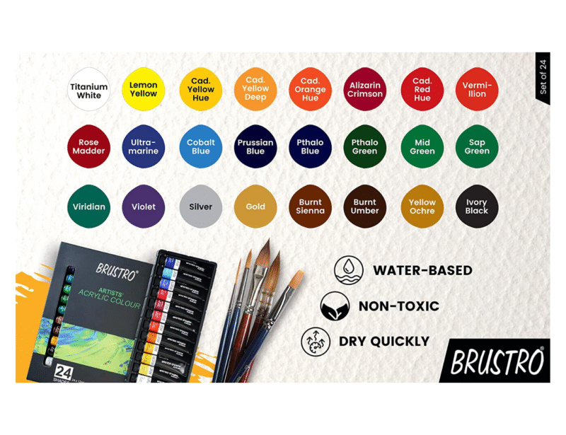 BRUSTRO Acrylic Paint colour set | Set of 24 Colours X 12ml Tubes | Highly pigmented, Intermixable, Perfect For Students, Adults, Beginners, Professionals and Artists