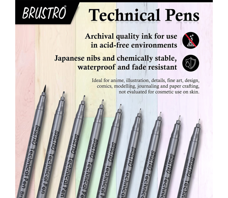 BRUSTRO Technical Pens Fineliner Set|Black| Set of 9|Ideal for Students,Adults|Doodle,Mandala,Fineart,Outline,Waterproof,Architecture,Technical Drawingwith Bristol Ultra Smooth A4 Size ( 20 +4 Sheets )