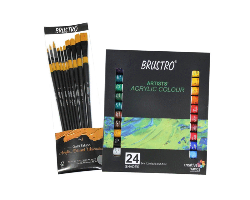 BRUSTRO Acrylic Paint Set of 24, Multicolour 12ml Tubes with Gold Taklon Brush Set of 10 - Image 2