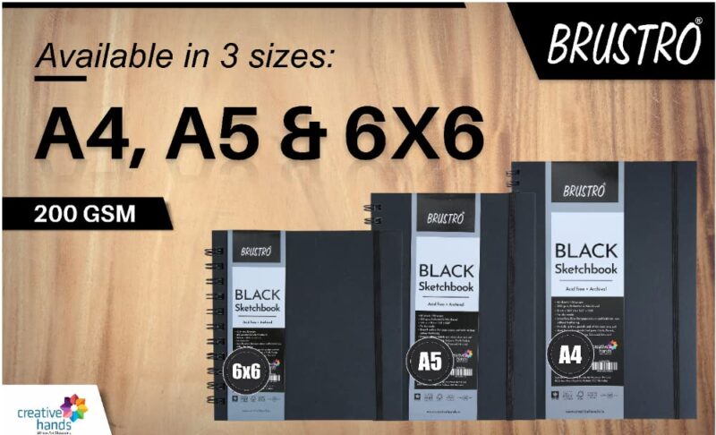BRUSTRO Black Sketchbook | A5, 200GSM | 40 Sheets/80 Pages | Wiro Bound, Spiral, Premium, Acid-free Paper, Professional-Grade, Ideal for Dry media, Mandala art, Graphite, Charcoal, School, Office use - Image 4