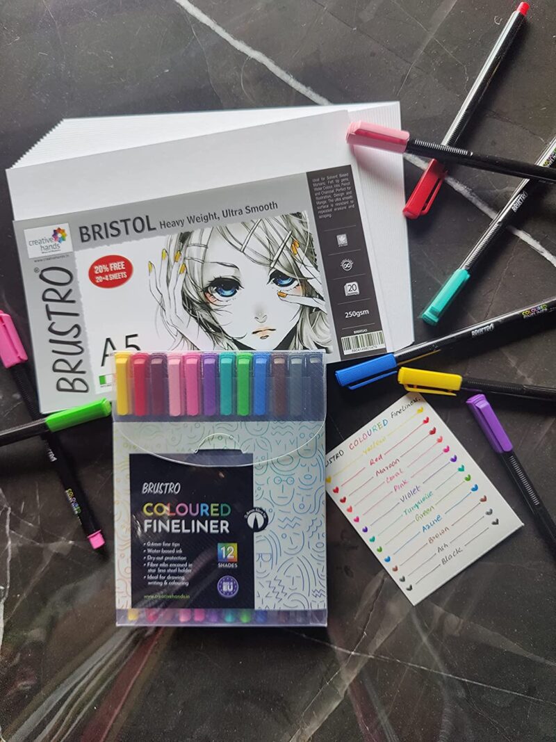 BRUSTRO Coloured Fineliner Set of 12 | Assorted Colours | 0.4mm | Ideal for Writing, Drawing, Coloring, Sketching, Doodles, Mandala Art & BRISTOL Ultra-Smooth Paper | A5, 250 gsm, 20+4 sheets/48 pages - Image 6