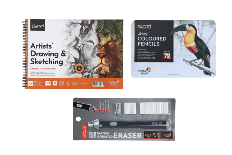 Brustro Artists’ Colour Pencil Set of 72 with Wiro Pad A4-160GSM & Slim Battery Operated Automatic Eraser - Image 4