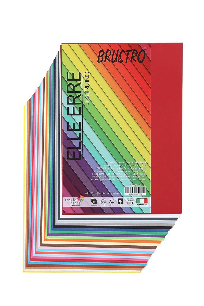 BRUSTRO Elle Erre Coloured Card Stock Craft Paper A5 Size, 220 GSM Assorted Colour, Pack of 24 Shades X 2 Sheets (Total 48 Sheets). - Image 4