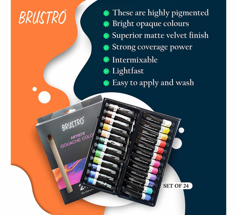 BRUSTRO Artist Gouache Colour Set of 24 Colours X 12ML Tubes with Watercolour Journal - Image 4