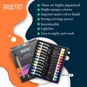 Brustro Artists Gouache Colour Set of 24 (12ML Tubes Each) + Synthetic Brush Set of 15 - Image 8