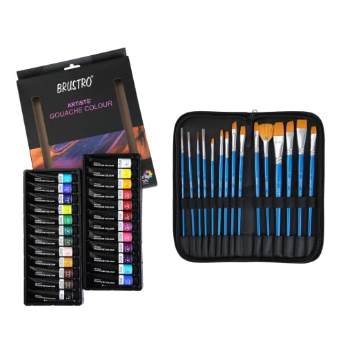 Brustro Artists Gouache Colour Set of 24 (12ML Tubes Each) + Synthetic Brush Set of 15 - Image 10