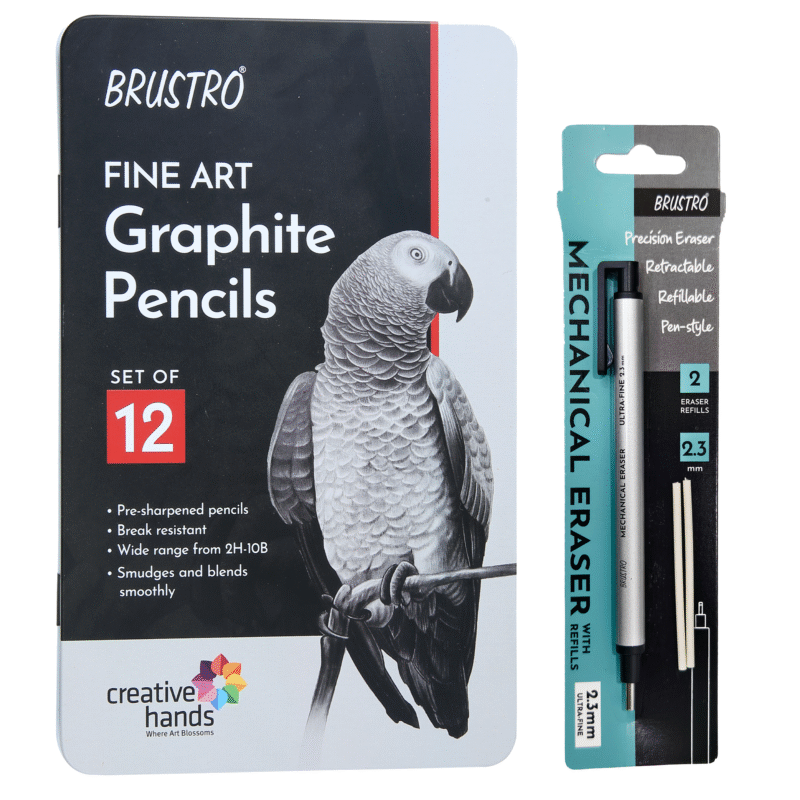 BRUSTRO Fine Art Graphite Pencil - Set of 12 (10B - 2H) with Mechanical Precision Retractable Eraser(2.3mm) | Ideal for Drawing,Sketching,Mandala,Shading,Artwork, Beginners, Artist's and Professionals - Image 10