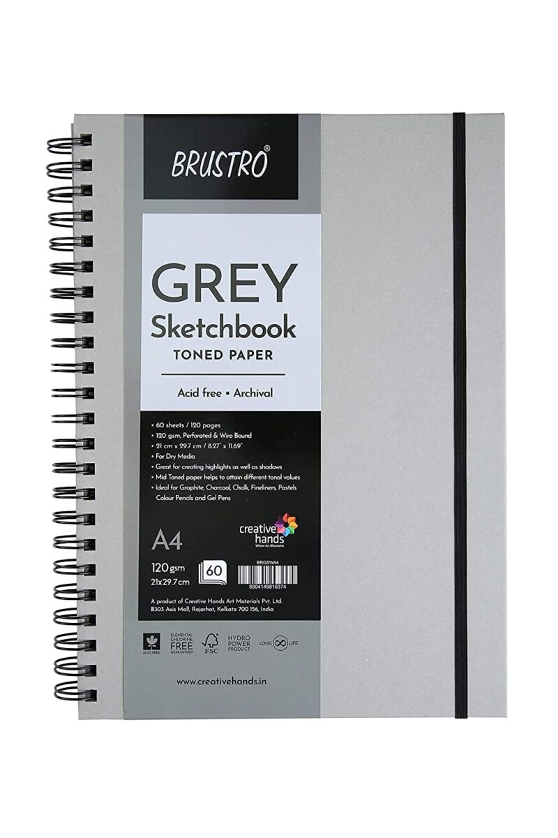 BRUSTRO Toned Paper - Grey Sketchbook | A4, 120 GSM | 60 Sheets/120 Pages | Wiro Bound, Spiral, Premium, Acid-free Paper, Ideal for Dry media, Mandala Art, Graphite, Charcoal, Colour pencils, Gel pens - Image 7