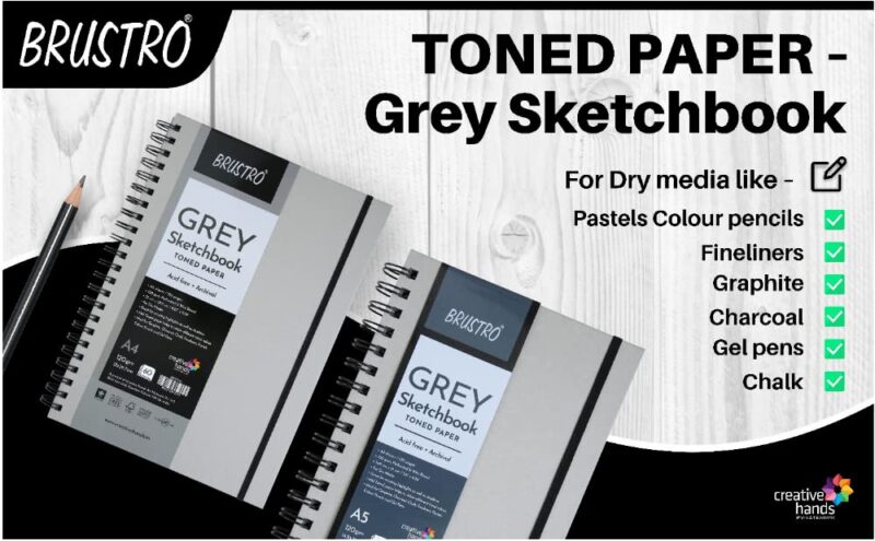 BRUSTRO Toned Paper - Grey Sketchbook | A4, 120 GSM | 60 Sheets/120 Pages | Wiro Bound, Spiral, Premium, Acid-free Paper, Ideal for Dry media, Mandala Art, Graphite, Charcoal, Colour pencils, Gel pens - Image 2