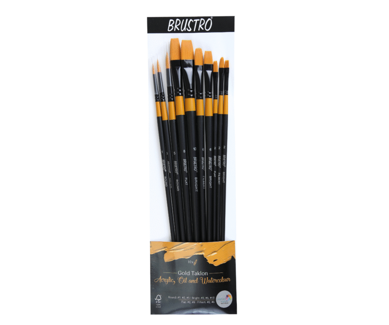 BRUSTRO Artists ’ Acrylic Colour Set of 24 Colours X 12ML Tubes with Glued Pad 400 GSM, A4-12 Sheets and Gold TAKLON Set of 10 Brushes - Image 2
