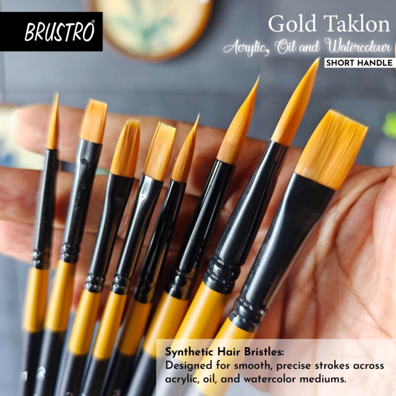 BRUSTRO Gold Taklon Artist's Brushes | Set of 8 | Sizes - Round (1,3,5), Bright (2,6), Filbert (2,6), and Flat (2) | Matte finish, Ideal for Acrylic, Watercolour, Oil Paintings, School, Office Use. - Image 5