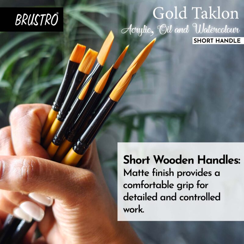 BRUSTRO Gold Taklon Artist's Brushes | Set of 8 | Sizes - Round (1,3,5), Bright (2,6), Filbert (2,6), and Flat (2) | Matte finish, Ideal for Acrylic, Watercolour, Oil Paintings, School, Office Use. - Image 4