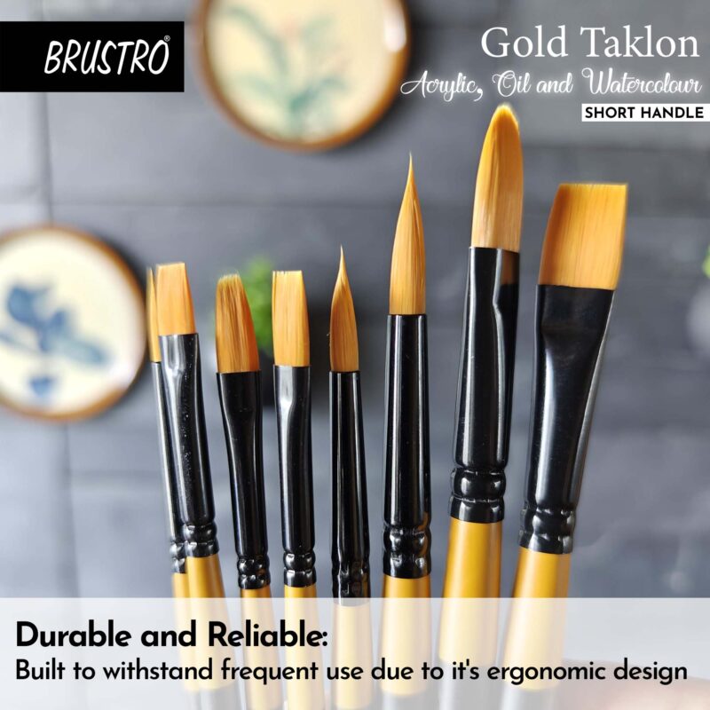 BRUSTRO Gold Taklon Artist's Brushes | Set of 8 | Sizes - Round (1,3,5), Bright (2,6), Filbert (2,6), and Flat (2) | Matte finish, Ideal for Acrylic, Watercolour, Oil Paintings, School, Office Use. - Image 3