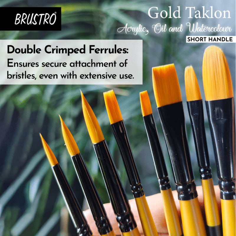 BRUSTRO Gold Taklon Artist's Brushes | Set of 8 | Sizes - Round (1,3,5), Bright (2,6), Filbert (2,6), and Flat (2) | Matte finish, Ideal for Acrylic, Watercolour, Oil Paintings, School, Office Use. - Image 2