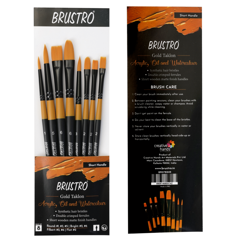 BRUSTRO Gold Taklon Artist's Brushes | Set of 8 | Sizes - Round (1,3,5), Bright (2,6), Filbert (2,6), and Flat (2) | Matte finish, Ideal for Acrylic, Watercolour, Oil Paintings, School, Office Use. - Image 7