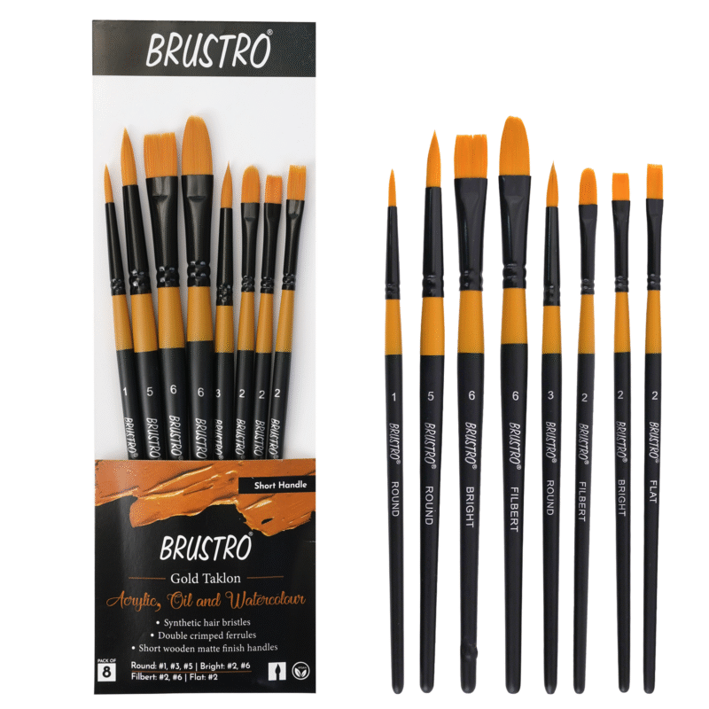 BRUSTRO Gold Taklon Artist's Brushes | Set of 8 | Sizes - Round (1,3,5), Bright (2,6), Filbert (2,6), and Flat (2) | Matte finish, Ideal for Acrylic, Watercolour, Oil Paintings, School, Office Use. - Image 8