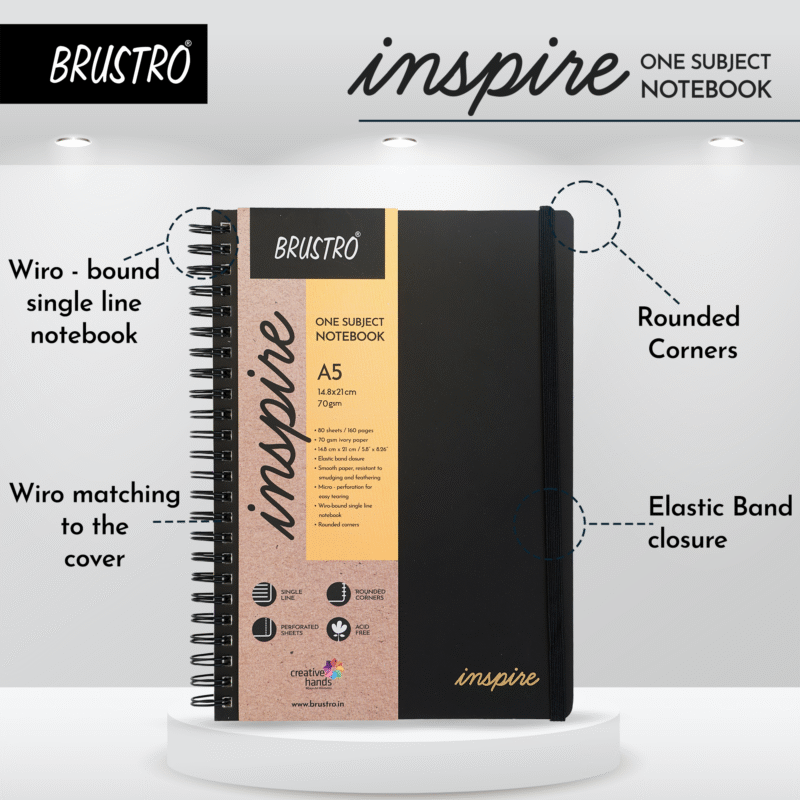 BRUSTRO Inspire A5 Size, 1 Subject Ruled Notebooks (Set of 2), 80 sheets/160 pages, 70 gsm ivory paper, Black/Grey Velvety Touch Cover - Image 5