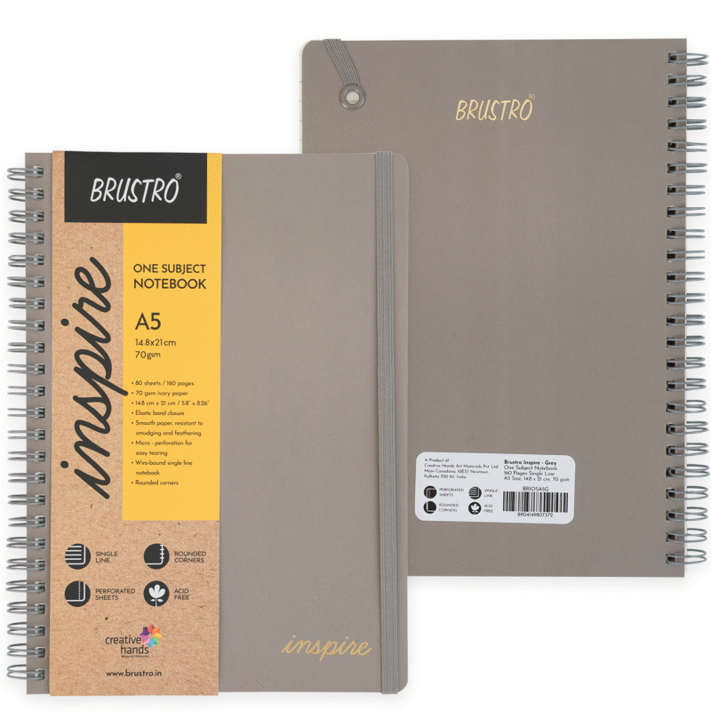 BRUSTRO Inspire A5 Size, 1 Subject Ruled Notebook, 80 sheets / 160 pages, 70 gsm ivory paper, grey cover - Image 2
