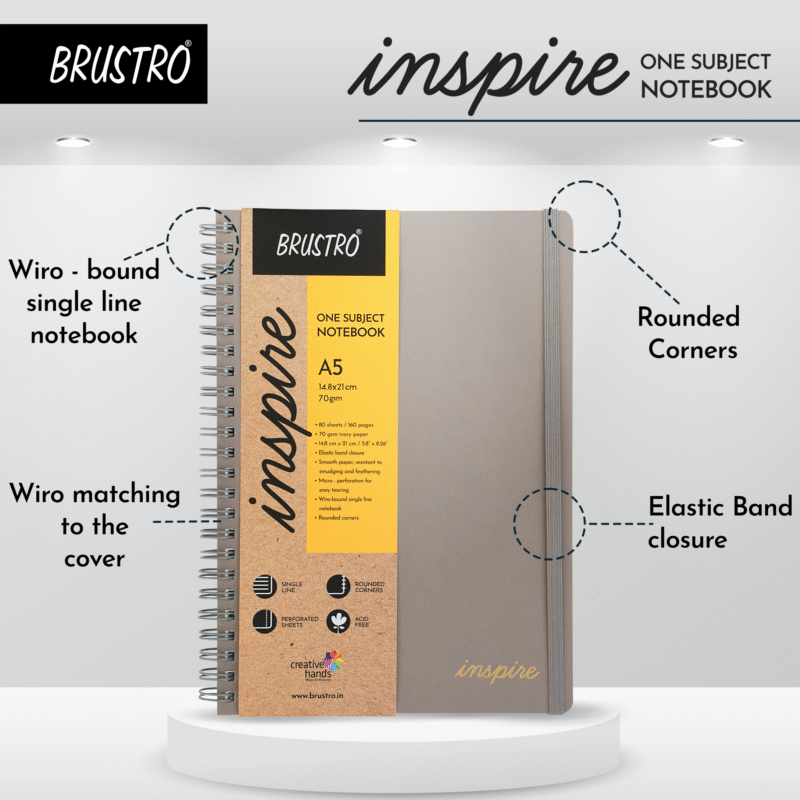 BRUSTRO Inspire A5 Size, 1 Subject Ruled Notebooks (Set of 2), 80 sheets/160 pages, 70 gsm ivory paper, Black/Grey Velvety Touch Cover - Image 3