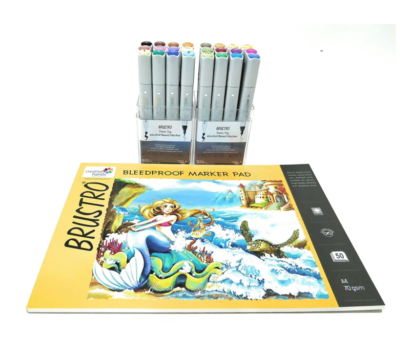 Brustro Twin Tip Alcohol Based Marker Set of 12 Basic A & Set of 12 Basic B with Brustro Bleedproof Marker Pad 70 GSM A4 (Contains 50 Sheets) - Image 3