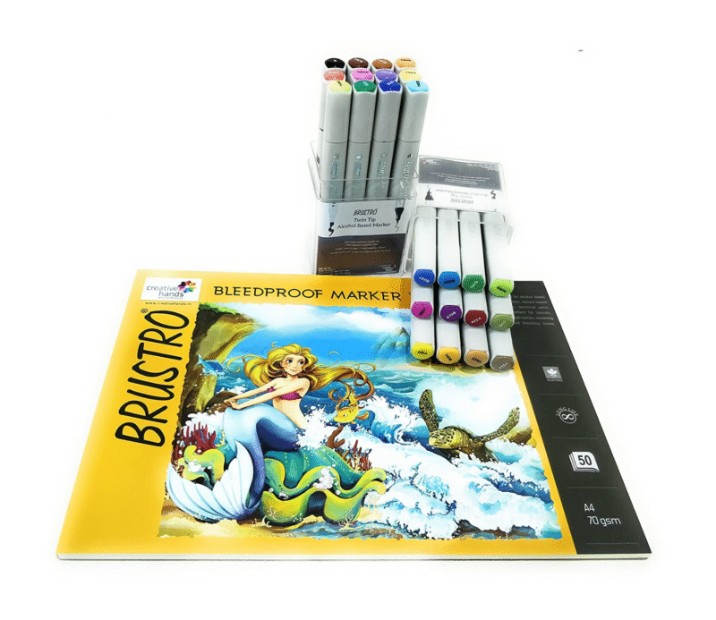 Brustro Twin Tip Alcohol Based Marker Set of 12 Basic A & Set of 12 Basic B with Brustro Bleedproof Marker Pad 70 GSM A4 (Contains 50 Sheets) - Image 2