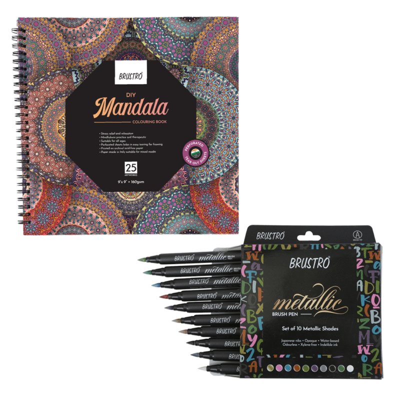 Brustro DIY Mandala Colouring Book 9"x9" 160 GSM 25 Perforated Sheets & Brustro Metallic Brush Pens - Soft Brush Tip for Calligraphy, Hand Lettering, Colouring, Card Making - Set of 10 Colors - Image 6