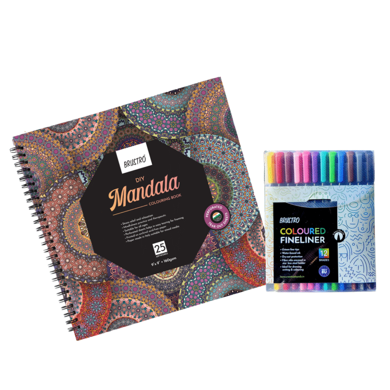 Brustro DIY Mandala Colouring Book 9"x9" 160 GSM 25 Perforated Sheets & Brustro Coloured Fineliner set of 12 (Assorted Colours), 0.4mm, for writing, drawing, doodles, mandala - Image 5