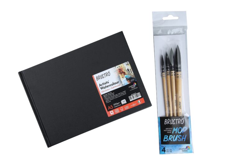 BRUSTRO Artists Natural Hair MOP Brush Set of 4 (0, 2, 4, 8) with A5 Stitched Bound 200GSM Watercolour Journal - Image 9