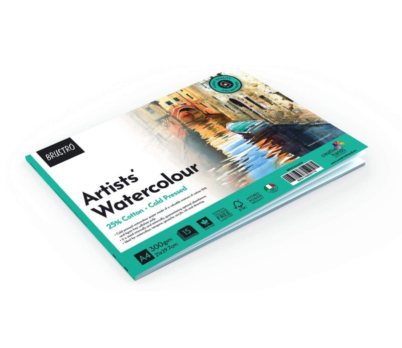 BRUSTRO Artists Natural Hair MOP Brush Set of 4 (0, 2, 4, 8) with Artist Watercolour Pad Cold Pressed 300 GSM 25% Cotton A4 - (12 + 4 Free Sheets)