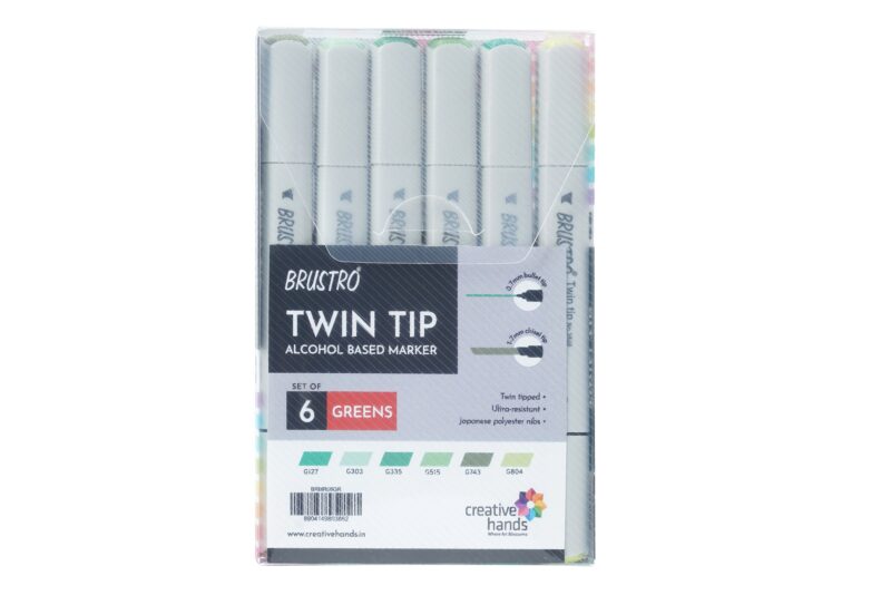BRUSTRO Twin Tip Alcohol Based Marker Set of 6 (Greens) in Crossline PP See Through Box - Image 5