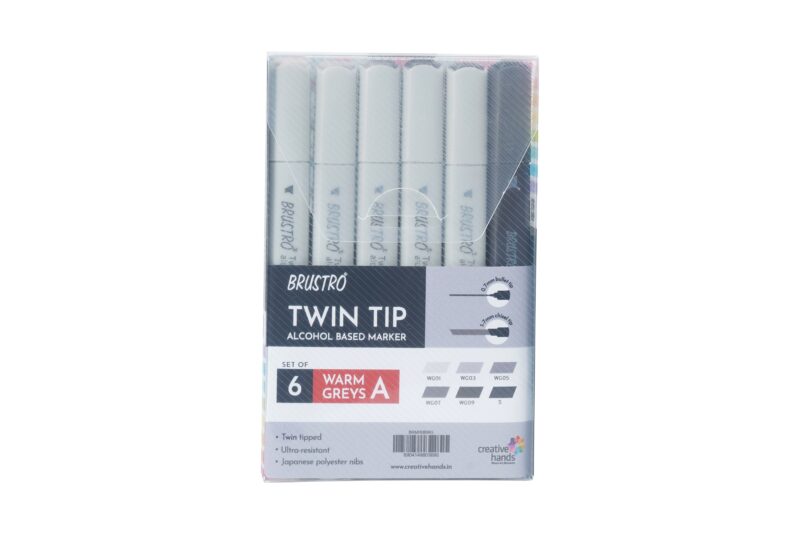 BRUSTRO Twin Tip Alcohol Based Marker Sets 6 (Warm Grey A) in Crossline PP See Through Box - Image 4
