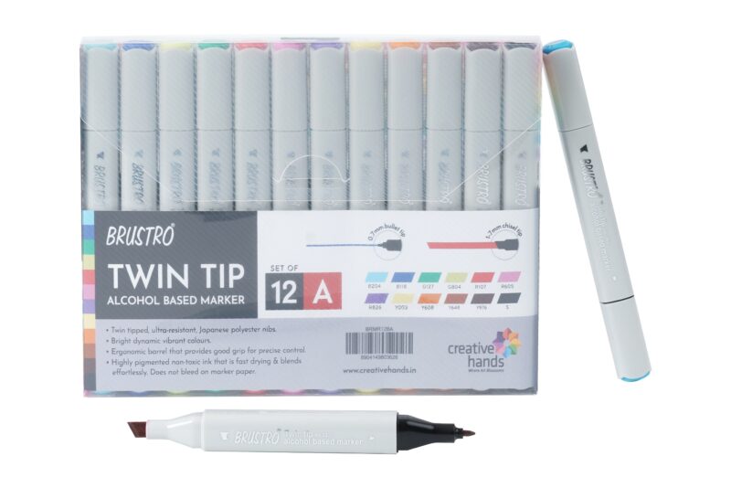 BRUSTRO Twin Tip Alcohol Based Marker Set of 12 - Basic A in Crossline PP See Through Box