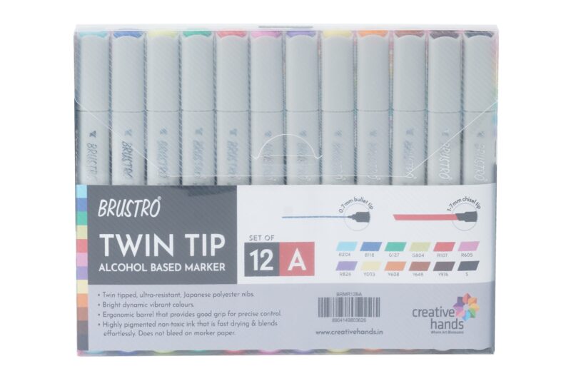 BRUSTRO Twin Tip Alcohol Based Marker Set of 12 - Basic A in Crossline PP See Through Box - Image 7