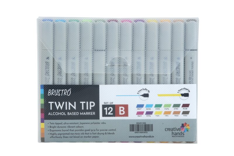 BRUSTRO Twin Tip Alcohol Based Marker Set of 12 - Basic B in Crossline PP See Through Box - Image 3