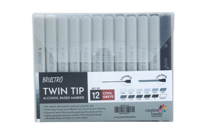 BRUSTRO Twin Tip Alcohol Based Marker Set of 12 - Cool Greys in Crossline PP See Through Box - Image 3