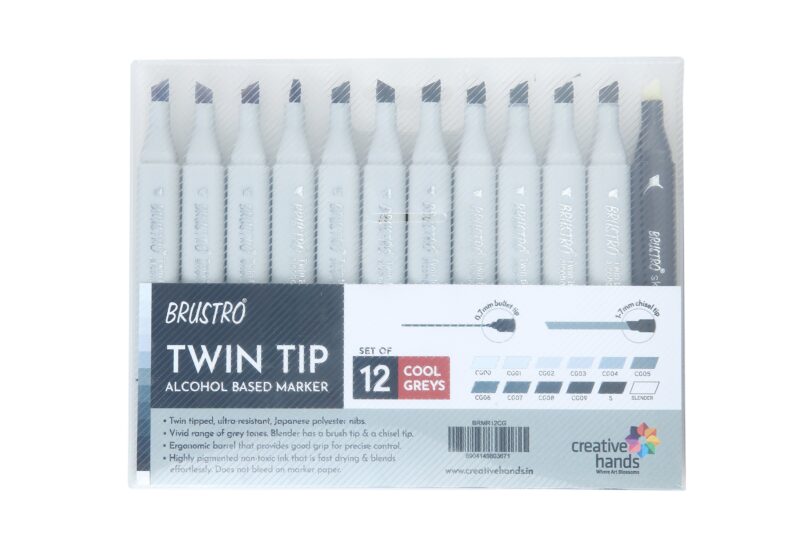 BRUSTRO Twin Tip Alcohol Based Marker Set of 12 - Cool Greys in Crossline PP See Through Box - Image 4
