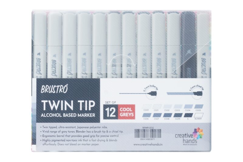 BRUSTRO Twin Tip Alcohol Based Marker Set of 12 - Cool Greys in Crossline PP See Through Box - Image 7