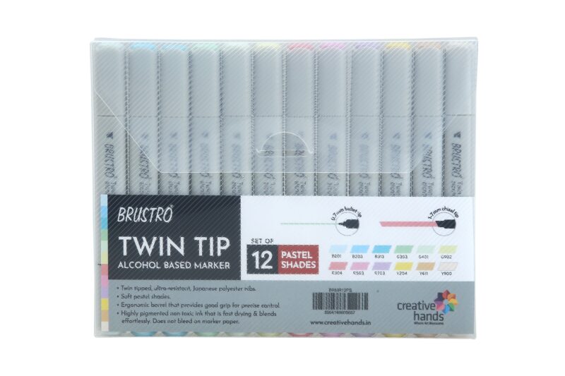 BRUSTRO Twin Tip Alcohol Based Marker Set of 12 - Pastel Tones in Crossline PP See Through Box - Image 2