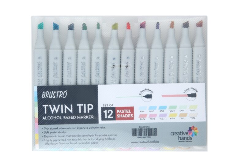 BRUSTRO Twin Tip Alcohol Based Marker Set of 12 - Pastel Tones in Crossline PP See Through Box - Image 3