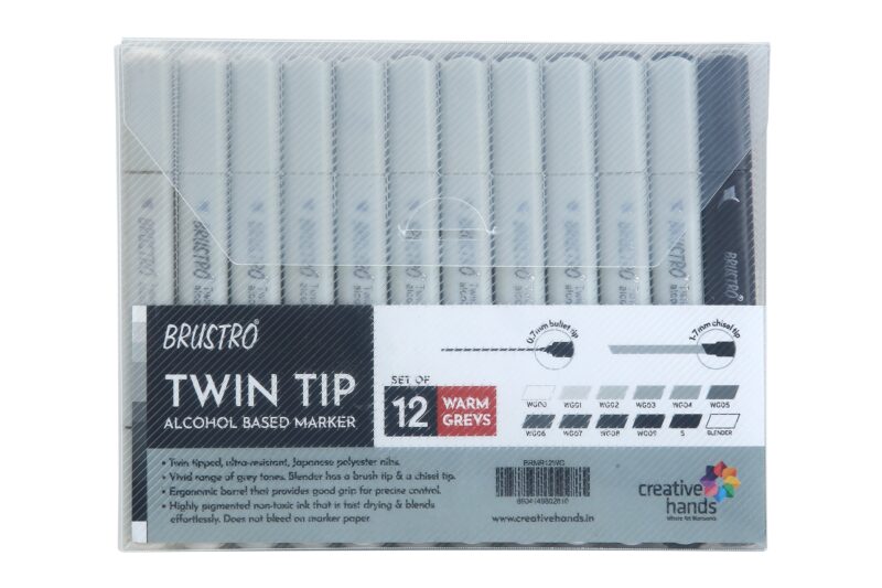 BRUSTRO Twin Tip Alcohol Based Marker Set of 12 - Warm Greys in Crossline PP See Through Box - Image 4