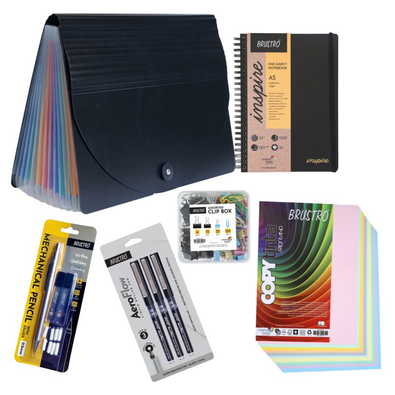 BRUSTRO Ruled Notebook with Rollerball Pens, Mechanical Pencils, Clip Box Set, 13 Pocket Expanding File Folder & Copytinta Soft Shade Single Pack (40 Sheets) Combo | Perfect Gift for Office,Teachers - Image 7