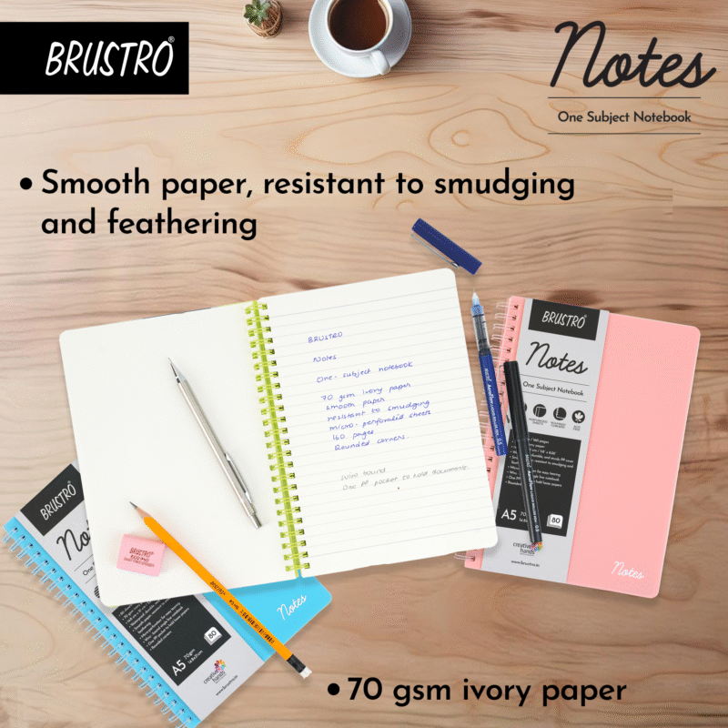 BRUSTRO Notes A5 Size,1 Subject Ruled Notebooks (Set of 5),80 sheets/160 pages,70 gsm ivory paper, Caramel/Aqua/Lime/Blush/Slate Cover, - Image 3