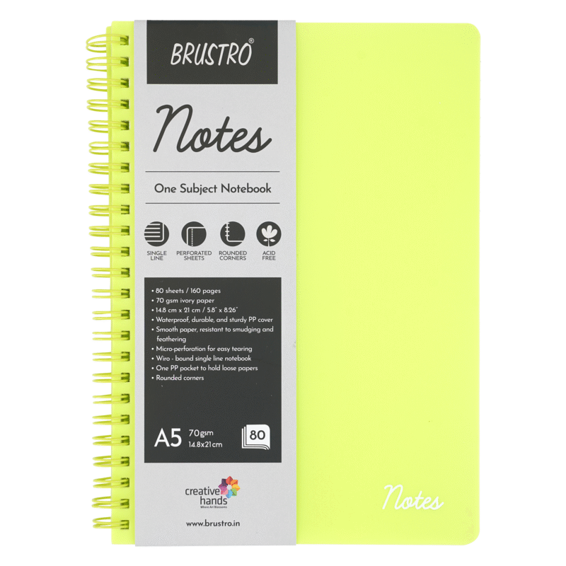 BRUSTRO Notes A5 Size, 1 Subject Ruled Notebook, 80 sheets / 160 pages, 70 gsm ivory paper, Lime Cover, - Image 7