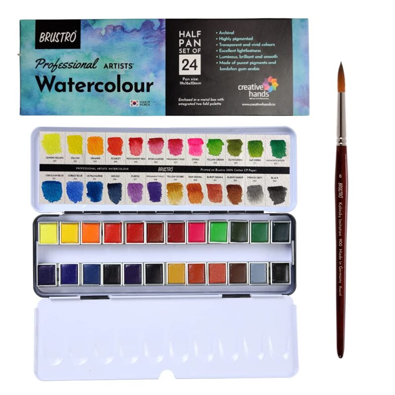 Brustro Professional Artists' Watercolour 24 half pan set with Brustro Kolinsky Imitation Brush Round 6 - Image 3